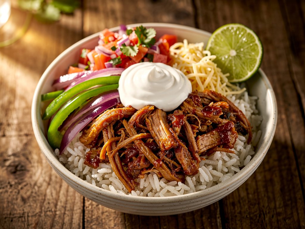 20-Minute Pulled Pork Burrito Bowls with Tomato Salsa and Monterey Jack