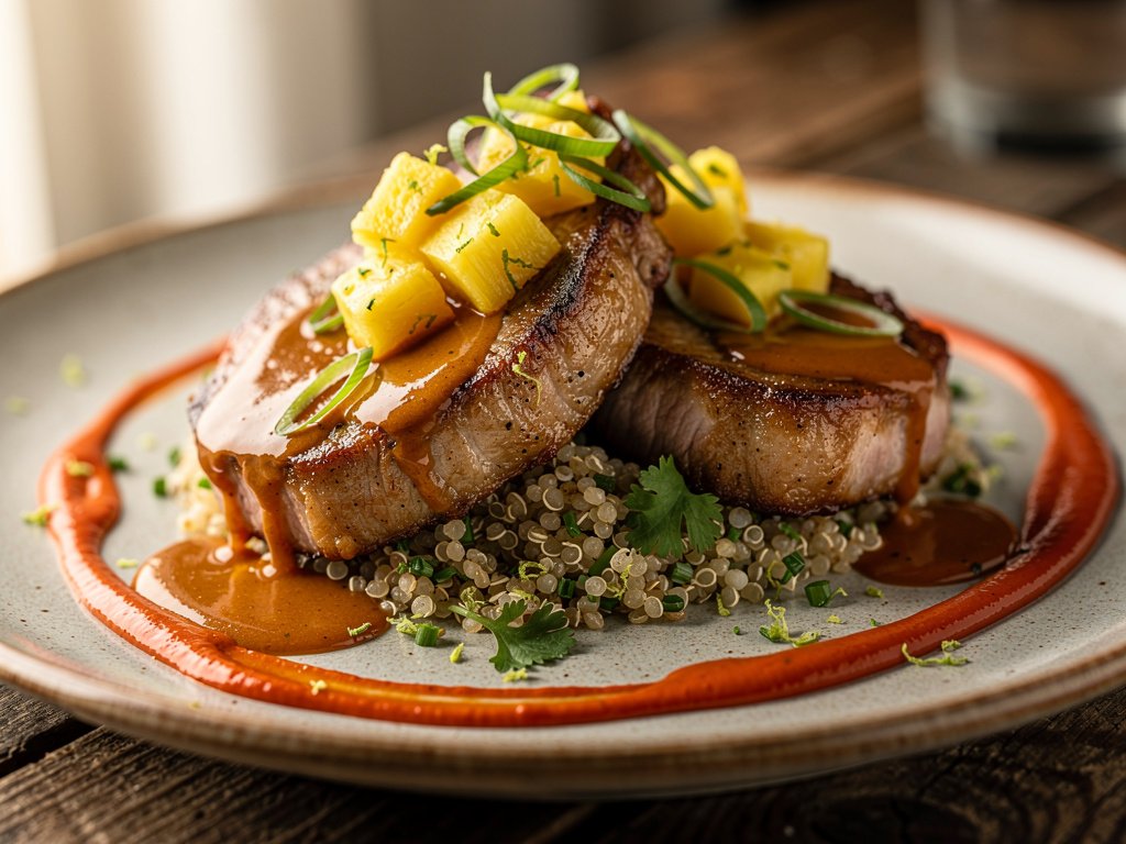 Al Pastor Pork Chops with Cilantro Lime Quinoa and Smoky Red Pepper Crema