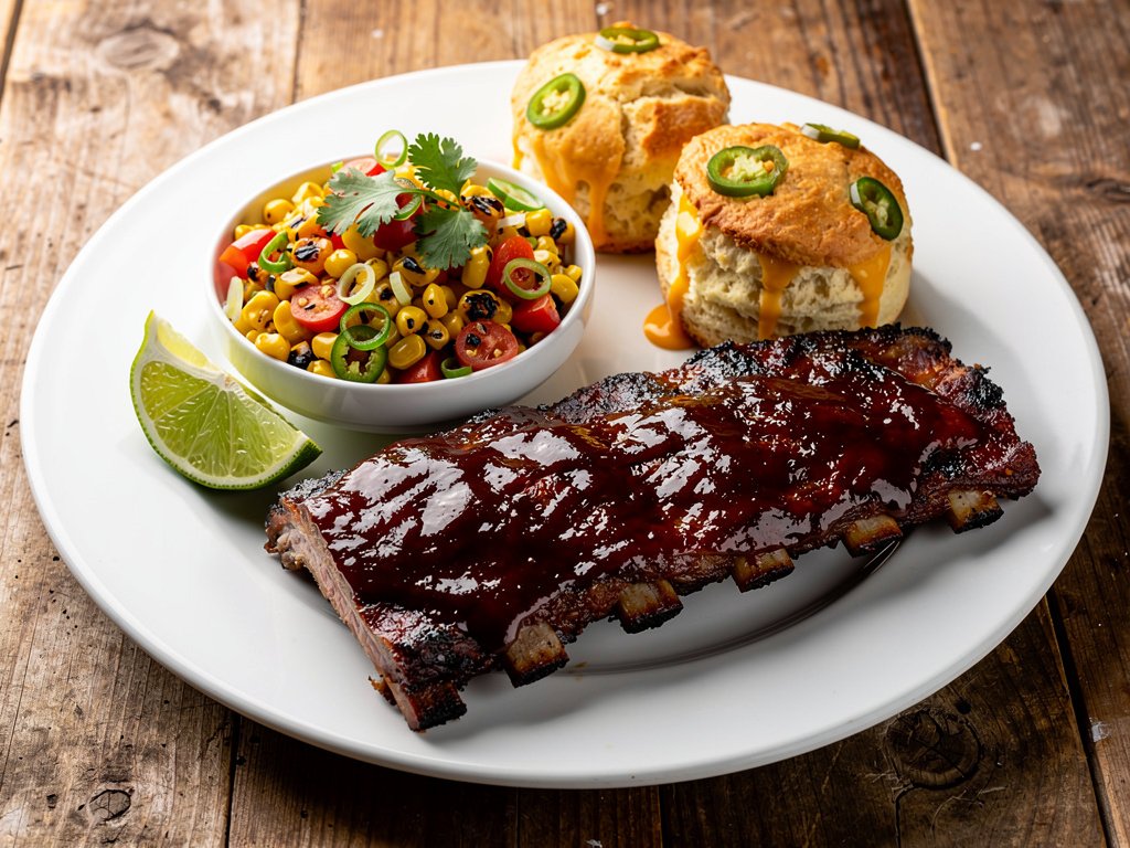 Ancho BBQ Baby Back Ribs with Chili Lime Corn Salad and Jalapeño Cheddar Biscuit Bombs