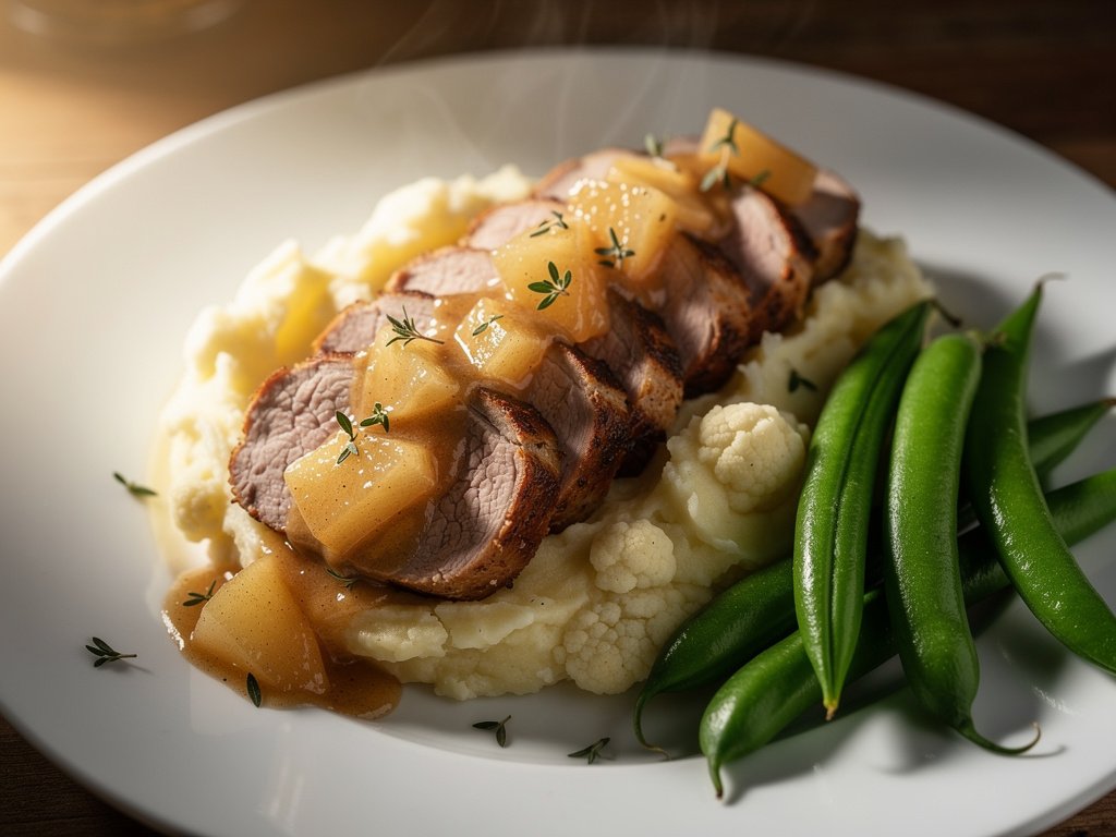Apple Glazed Pork Tenderloin with Cauliflower Mash and Snap Peas