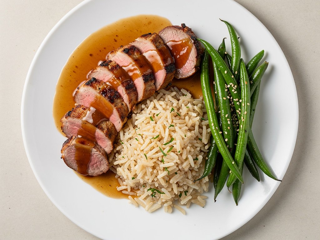 Apricot Balsamic Glazed Pork Tenderloin with Ginger Rice and Sesame Green Beans