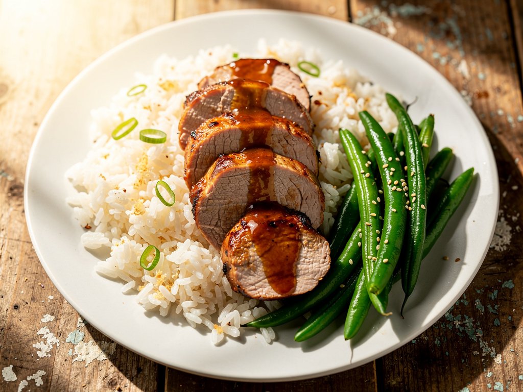 Apricot Balsamic Glazed Pork Tenderloin with Ginger Rice and Sesame Green Beans