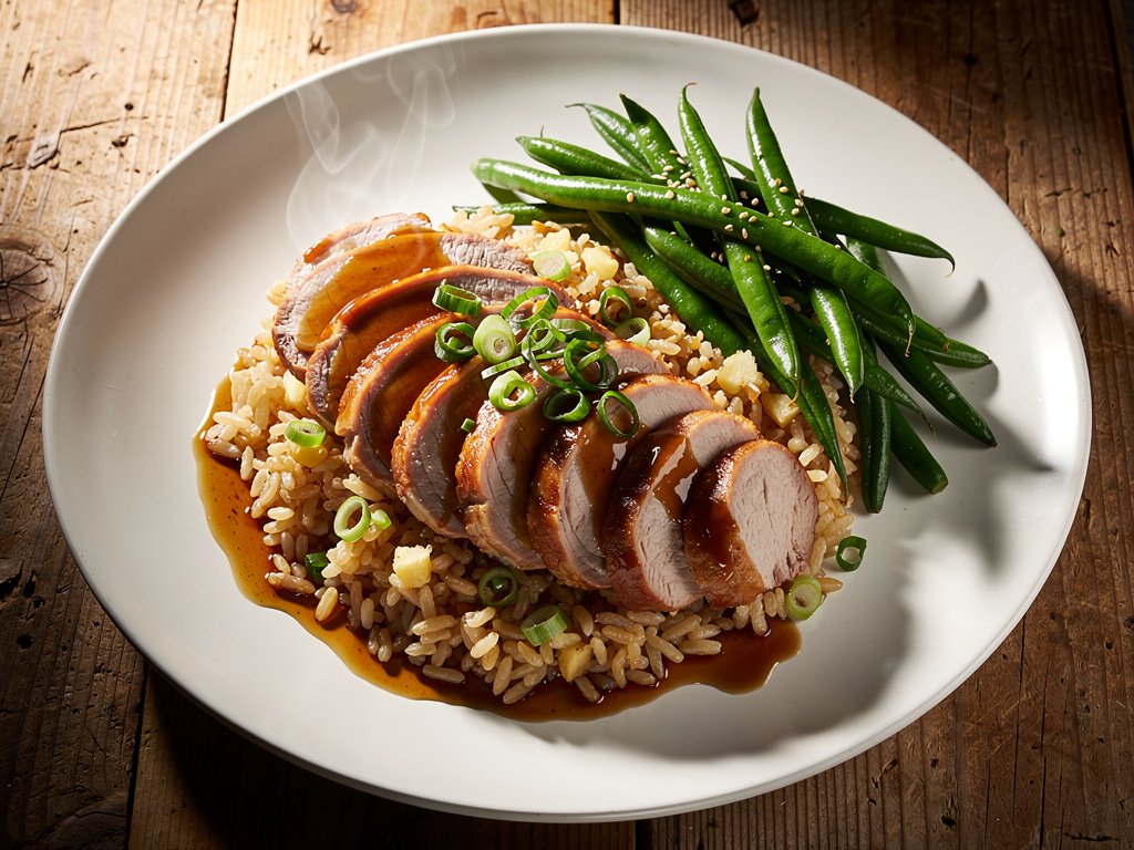 Apricot Balsamic Glazed Pork Tenderloin with Ginger Rice and Sesame Green Beans
