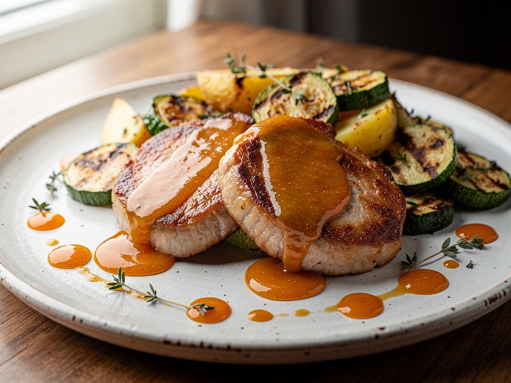 Apricot Dijon Pork Cutlets with Roasted Zucchini and Thyme Potatoes
