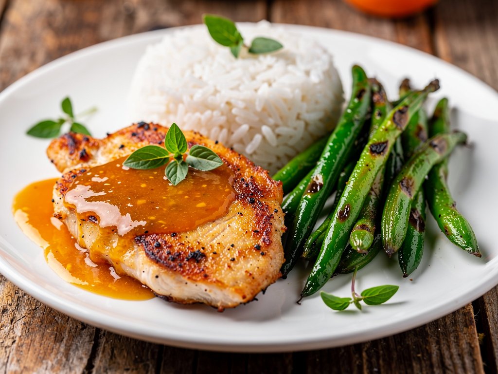 Pan-Seared Chicken with Apricot Ginger Sauce and Roasted Green Beans