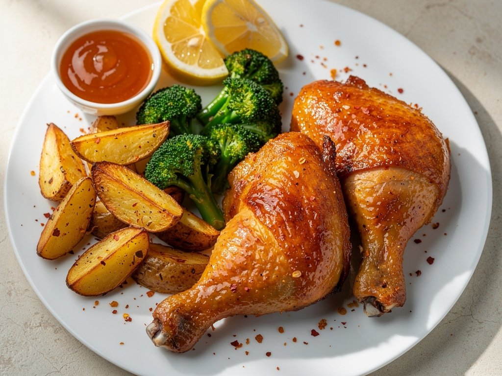 Apricot Glazed Chicken Legs with Roasted Potatoes and Lemon Broccoli
