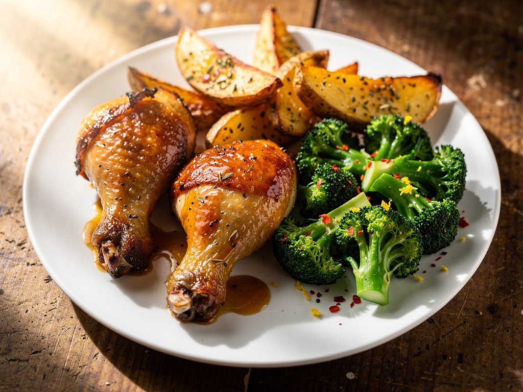Apricot Glazed Chicken Legs with Roasted Potatoes and Lemony Broccoli