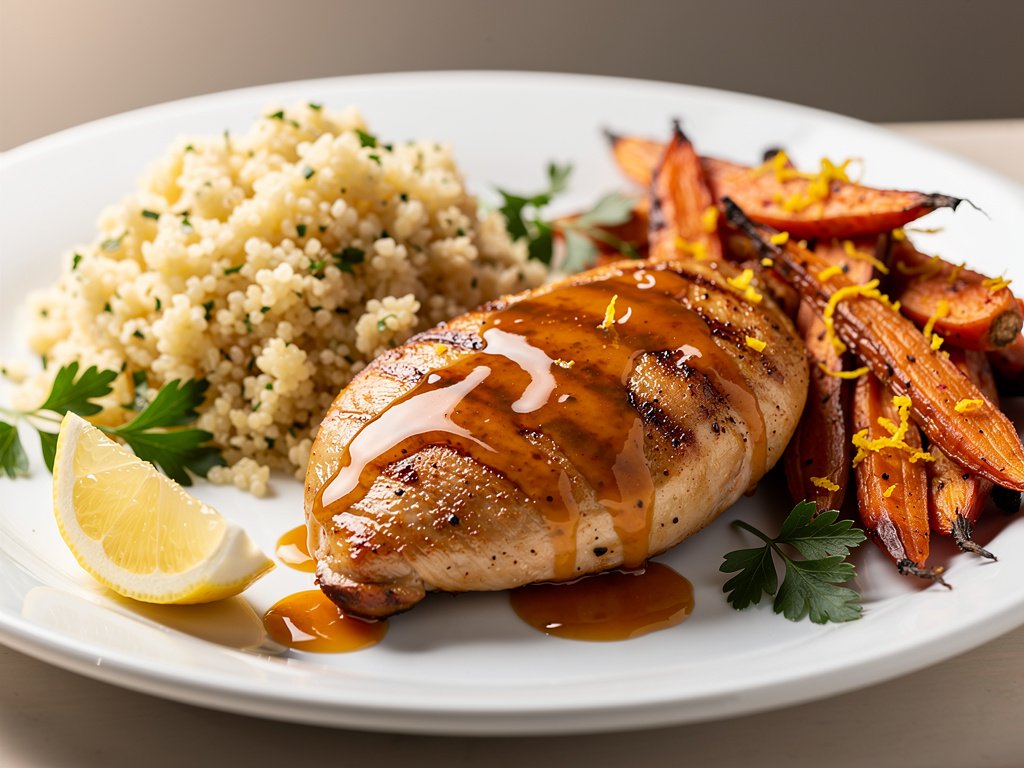 Apricot Glazed Chicken with Lemon Roasted Carrots and Couscous