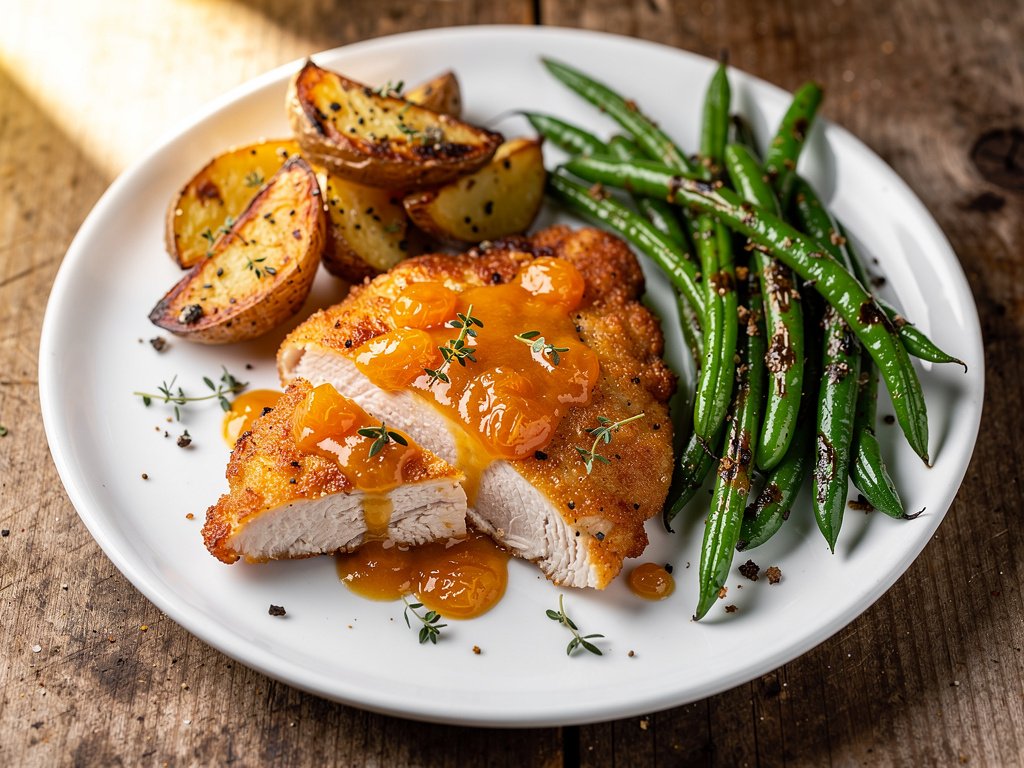 Apricot Glazed Chicken with Roasted Potatoes and Green Beans