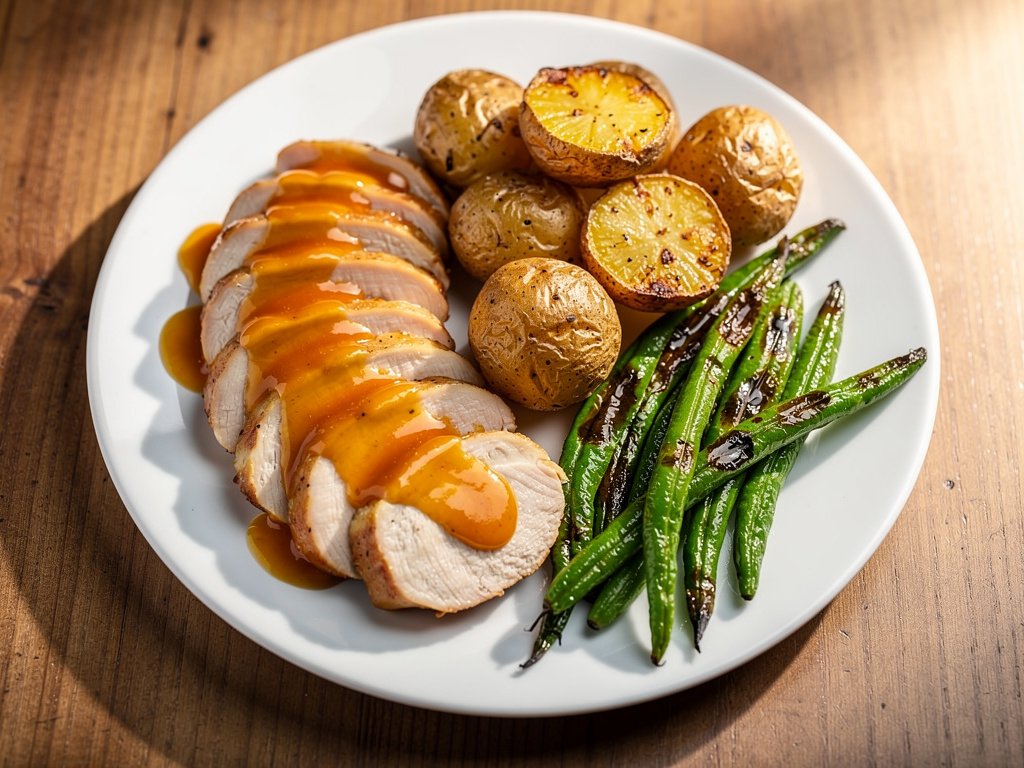 Apricot Glazed Chicken with Roasted Potatoes and Green Beans