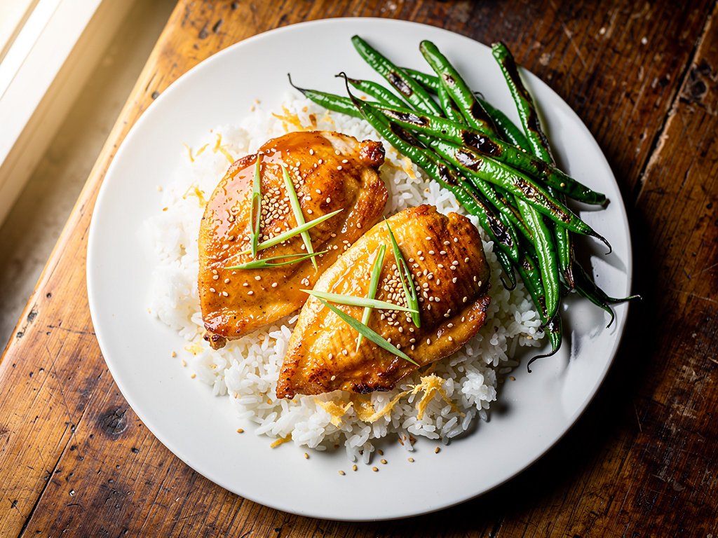 Apricot Ponzu Chicken with Ginger Rice and Roasted Green Beans