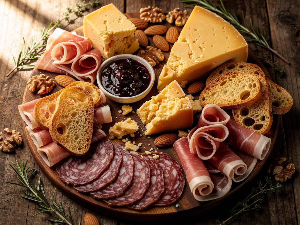 Artisan Charcuterie Board with Aged Gouda, Cured Meats, and Fig Jam
