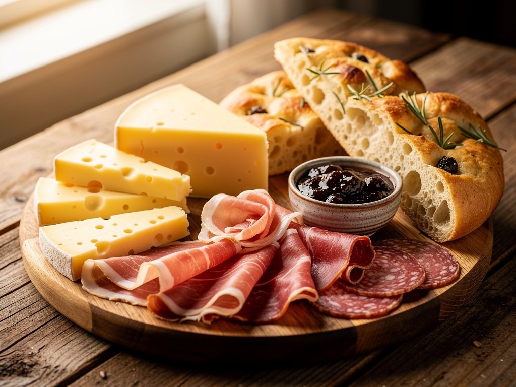 Artisan Cheese and Charcuterie Board with Rosemary Focaccia and Fig Jam