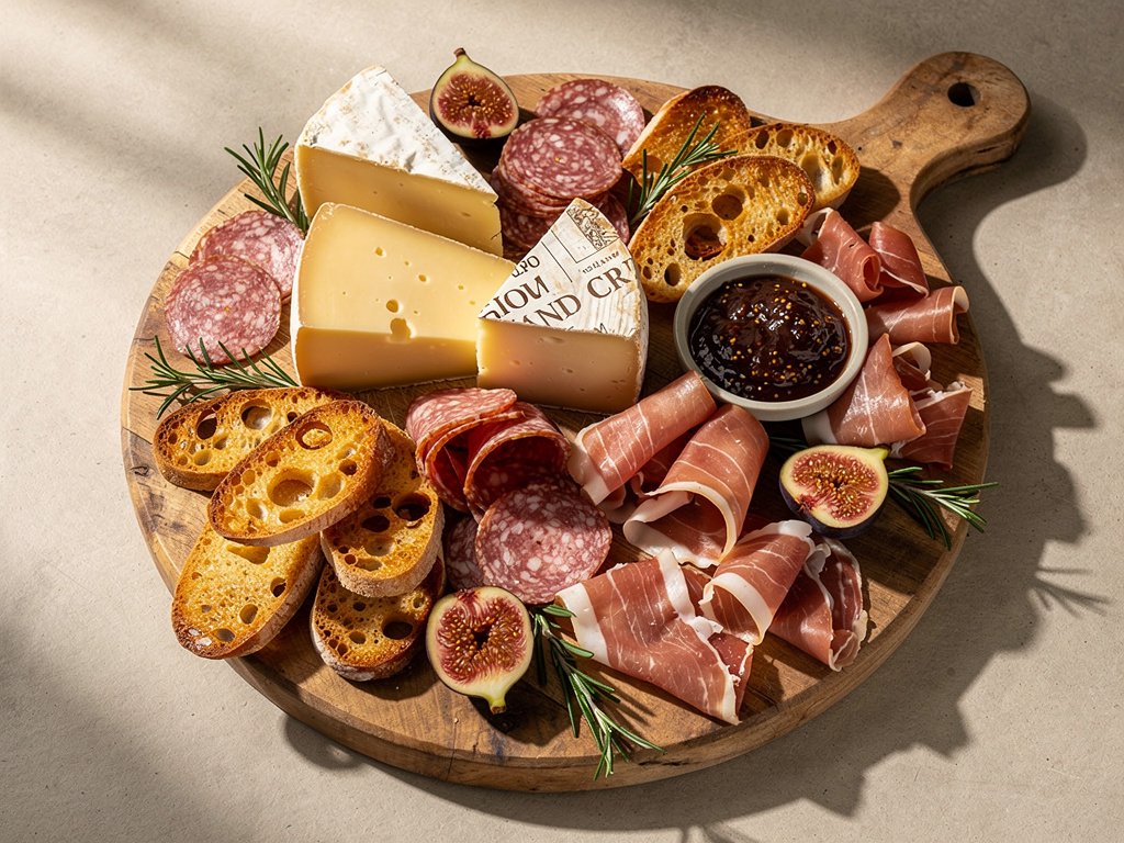 Artisan Cheese and Cured Meat Board with Fig Jam and Crostini