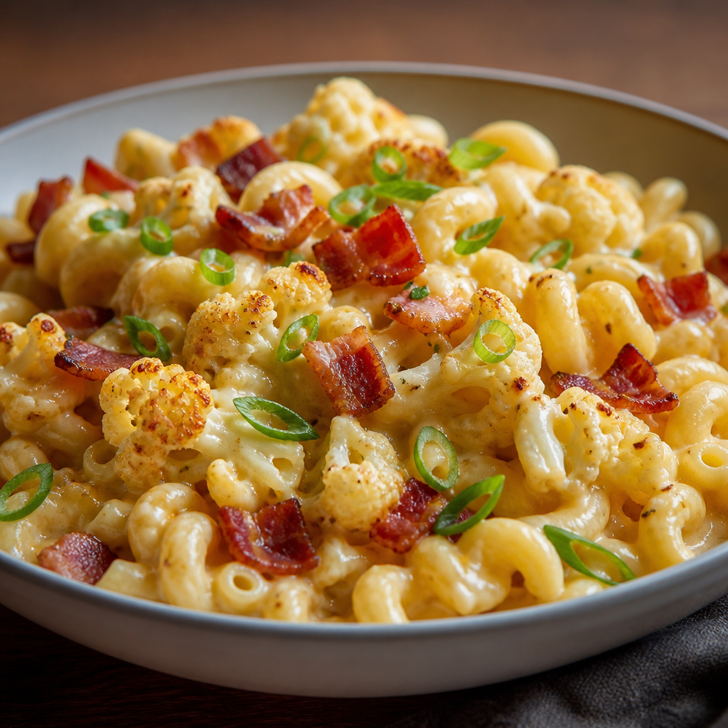 Baked Cavatappi with Bacon, Roasted Cauliflower, and Italian Cheese