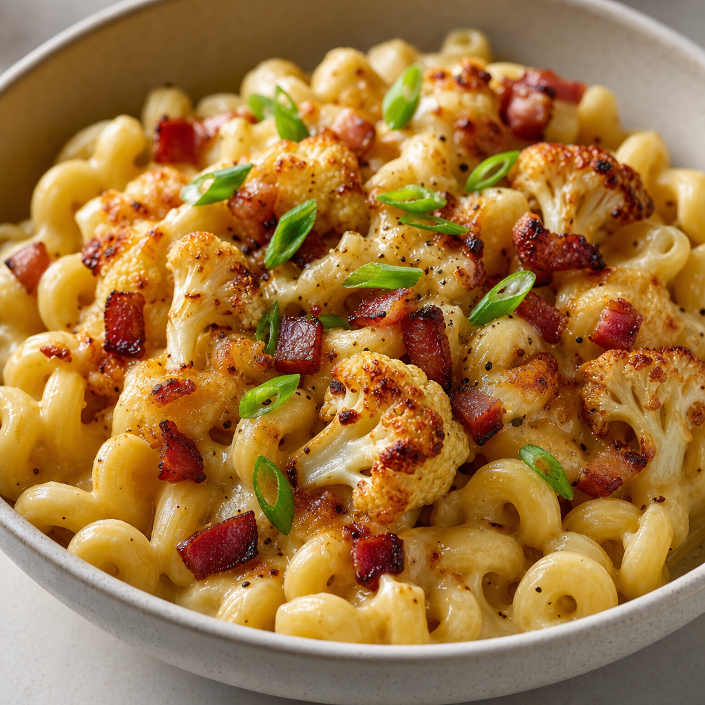 Baked Cavatappi Mac and Cheese with Roasted Cauliflower and Pancetta