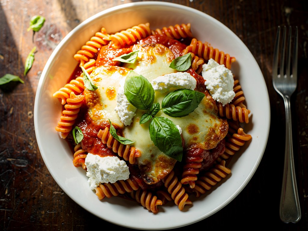 Baked Fusilloni with Spinach, Homemade Marinara, and Fresh Ricotta