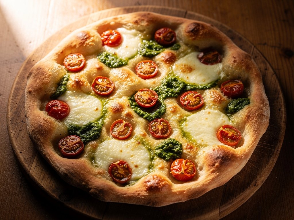 Easy Baked Focaccia Flatbread with Pesto, Mozzarella & Tomato
