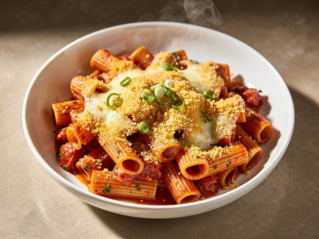 Baked Rigatoni with Plant-Based Protein Ragù and Cheesy Panko Crust