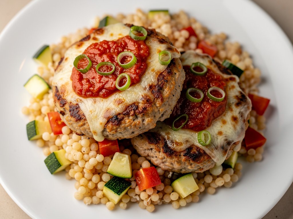 Baked Turkey Patties with Marinara and Mozzarella Over Zucchini Tomato Couscous
