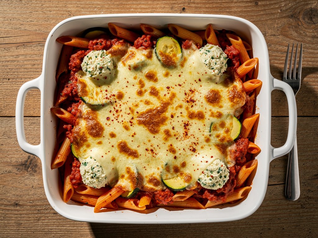 Baked Zucchini Penne Pasta with Herbed Ricotta and Mozzarella