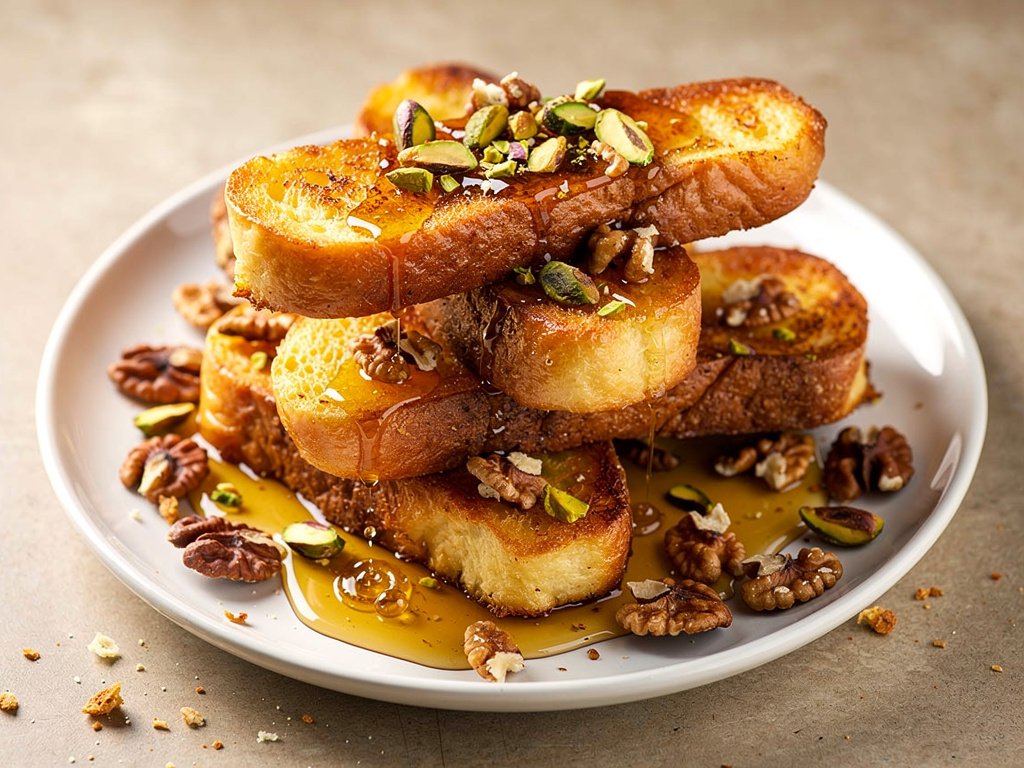 Baklava-Inspired French Toast Sticks with Honey Lemon Syrup and Pistachios