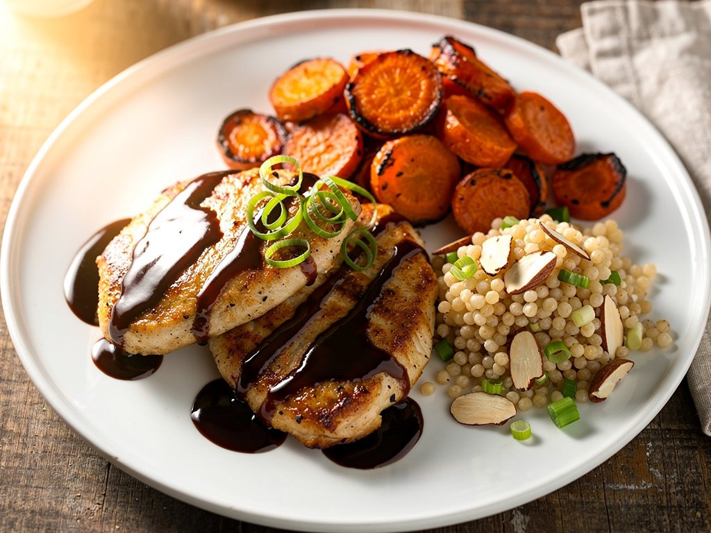 Balsamic Cherry Chicken with Almond Couscous and Roasted Carrots