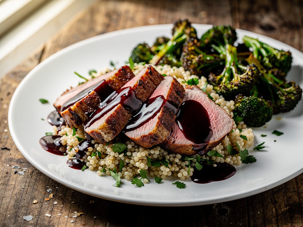 Balsamic Cherry Glazed Pork Chops with Garlic Herb Couscous and Roasted Broccoli