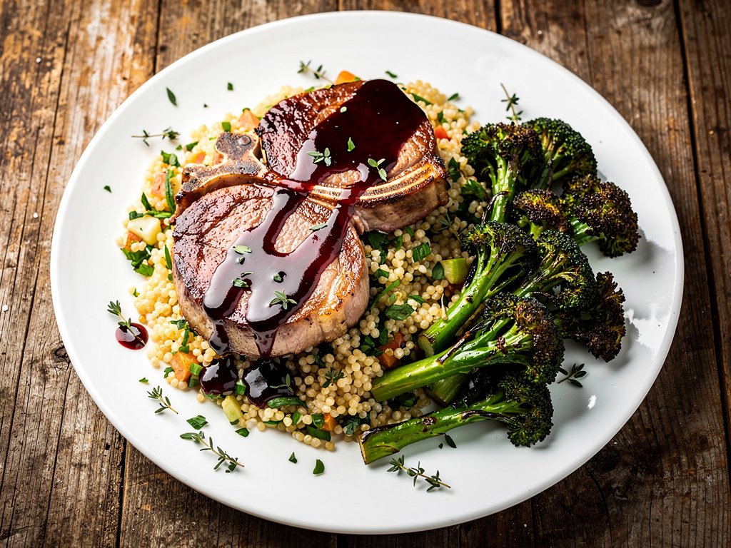 Balsamic Cherry Glazed Pork Chops with Garlic Herb Couscous and Roasted Broccoli