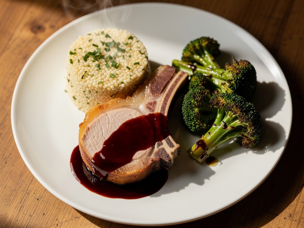 Balsamic Cherry Glazed Pork Chops with Garlic Herb Couscous and Roasted Broccoli