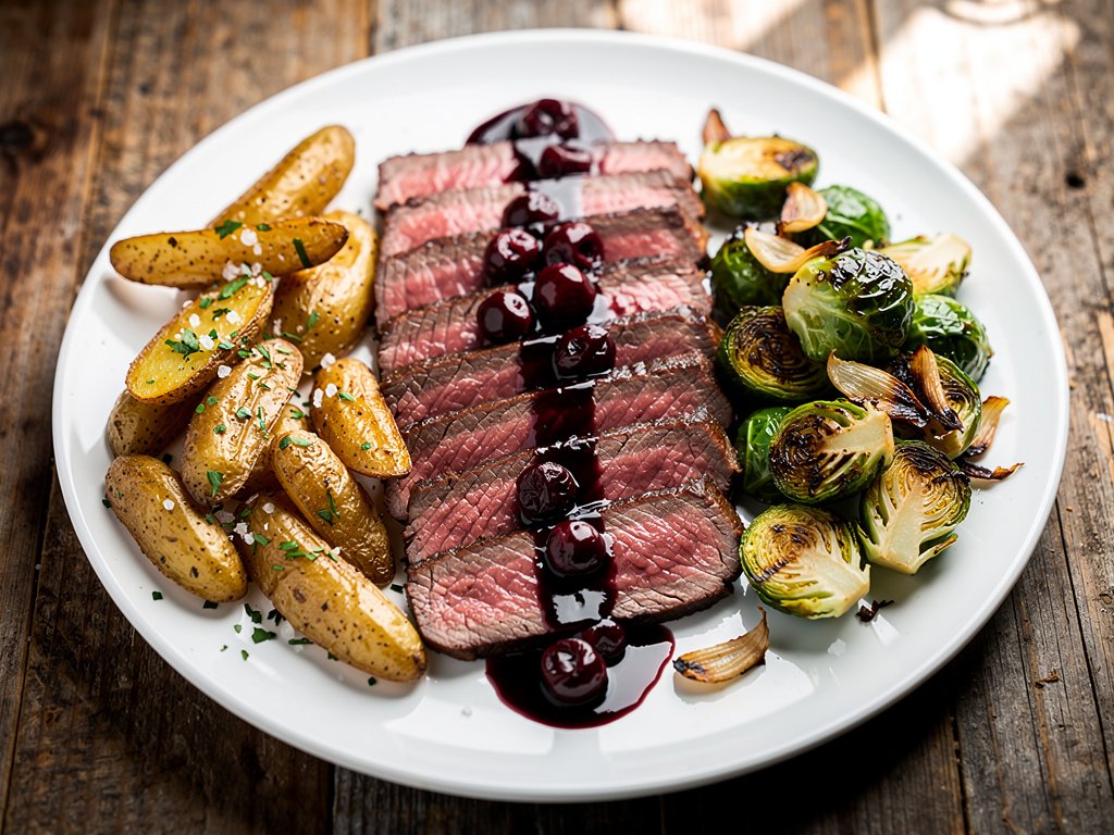 Balsamic Cherry Sirloin Steak with Herbed Potatoes and Brussels Sprouts