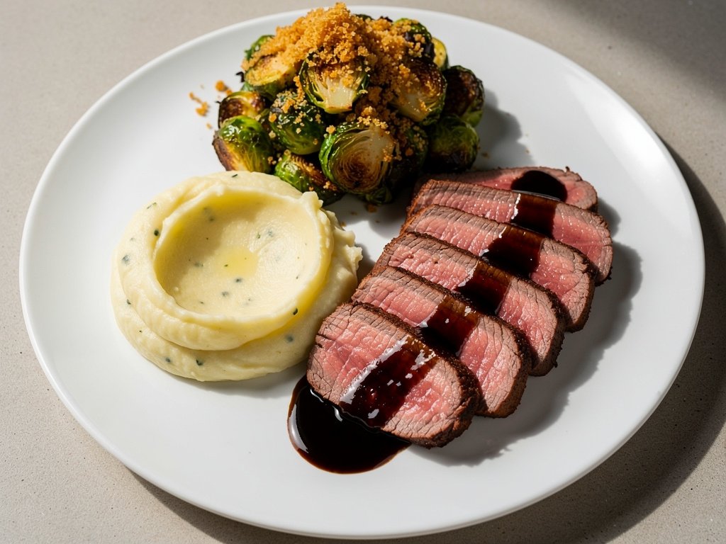 Balsamic Fig Beef Tenderloin with Garlic Mashed Potatoes and Rosemary Panko Brussels Sprouts