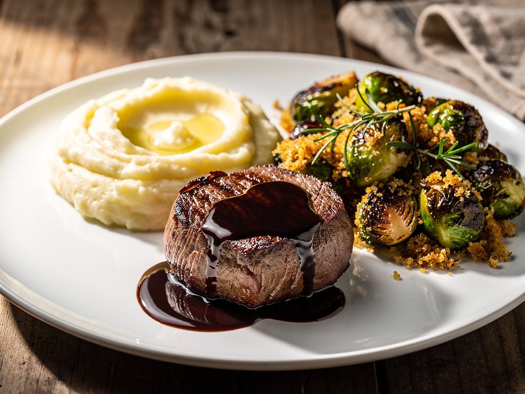 Balsamic Fig Glazed Beef Tenderloin with Garlic Mashed Potatoes and Rosemary Breadcrumb Brussels Sprouts