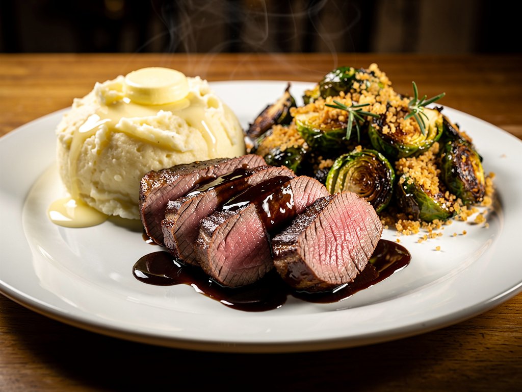 Balsamic Fig Glazed Beef Tenderloin with Garlic Mashed Potatoes and Rosemary Panko Brussels Sprouts