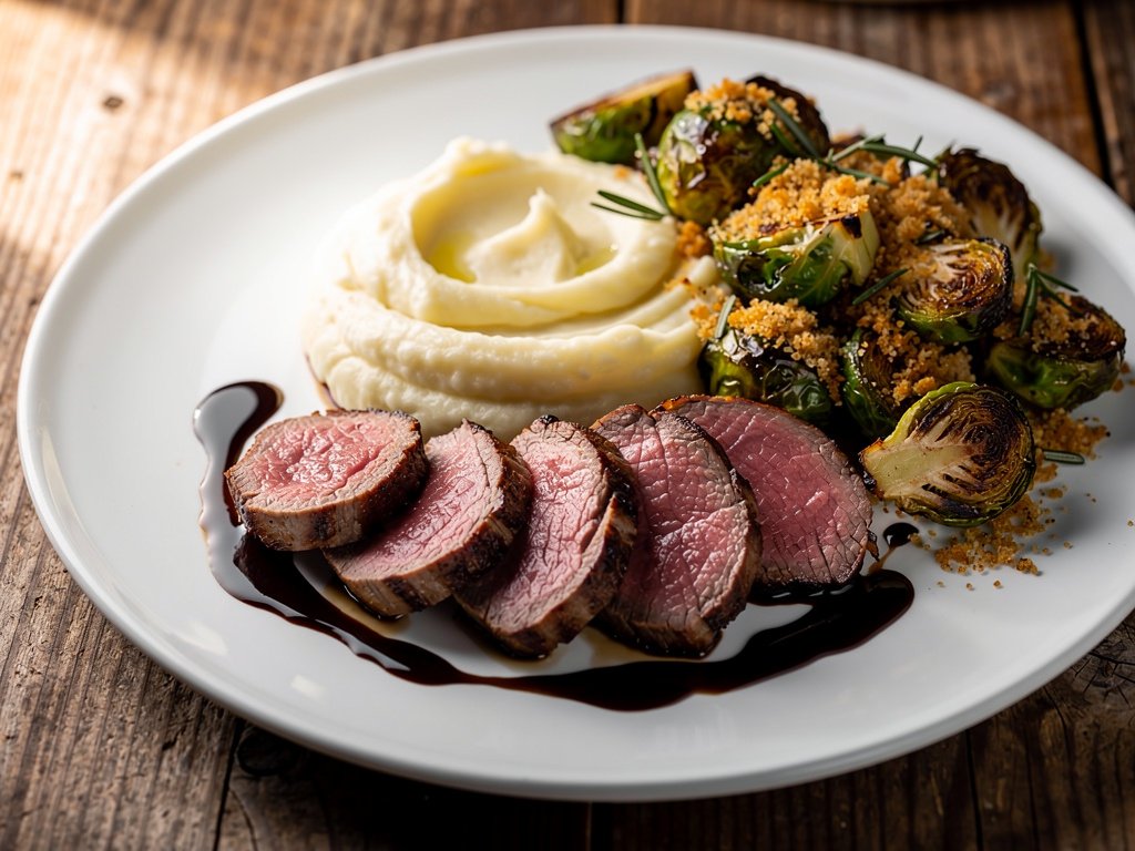 Balsamic Fig Glazed Beef Tenderloin with Garlic Mashed Potatoes and Rosemary Panko Brussels Sprouts
