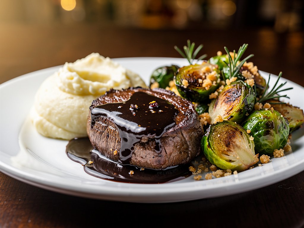 Balsamic Fig Glazed Beef Tenderloin with Garlic Mashed Potatoes and Rosemary Breadcrumb Brussels Sprouts