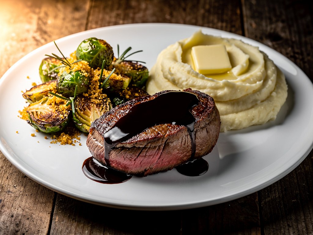 Balsamic Fig Pan-Seared Beef Tenderloin with Garlic Mashed Potatoes and Rosemary Panko Brussels Sprouts