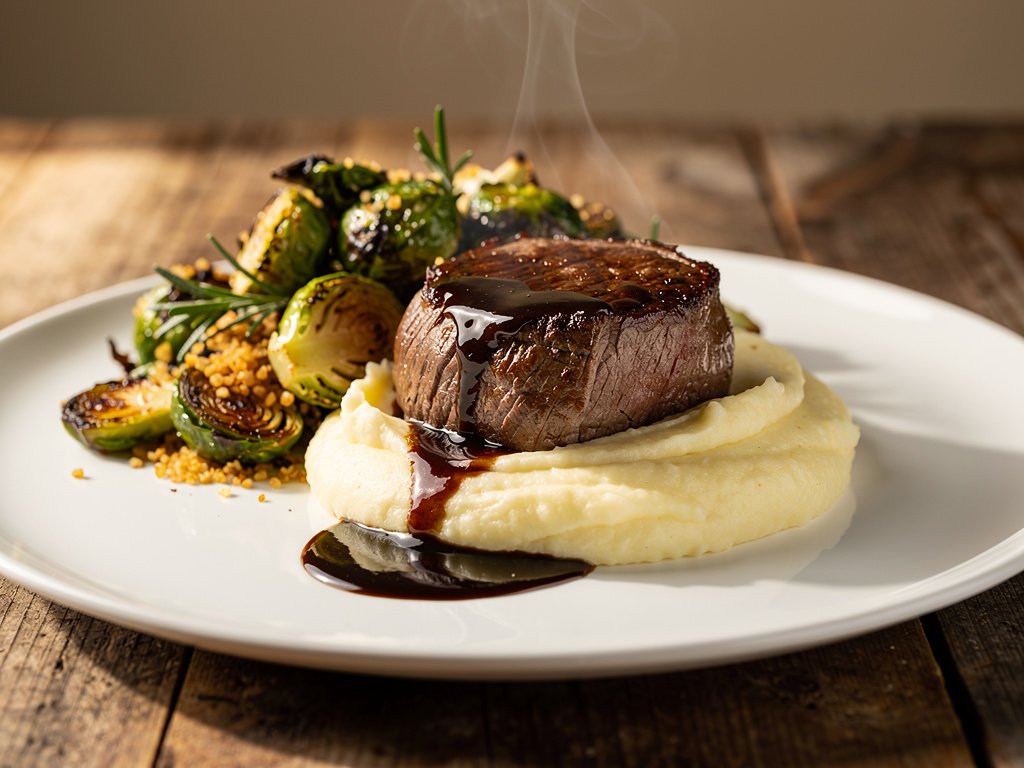 Balsamic Fig Glazed Beef Tenderloin with Garlic Mashed Potatoes and Rosemary Panko Brussels Sprouts