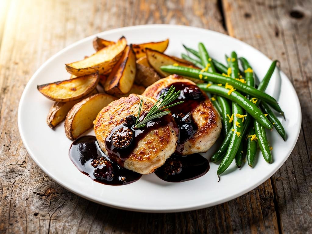 Balsamic Fig Chicken with Roasted Potatoes and Lemony Green Beans