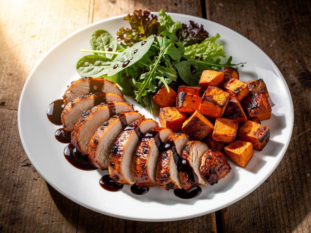 Balsamic Fig Chicken with Roasted Sweet Potatoes and Mixed Greens