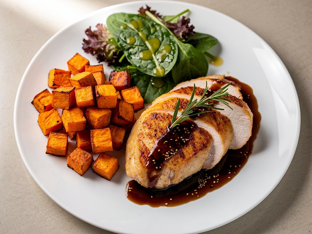 Balsamic Fig Chicken with Roasted Sweet Potatoes and Mixed Greens