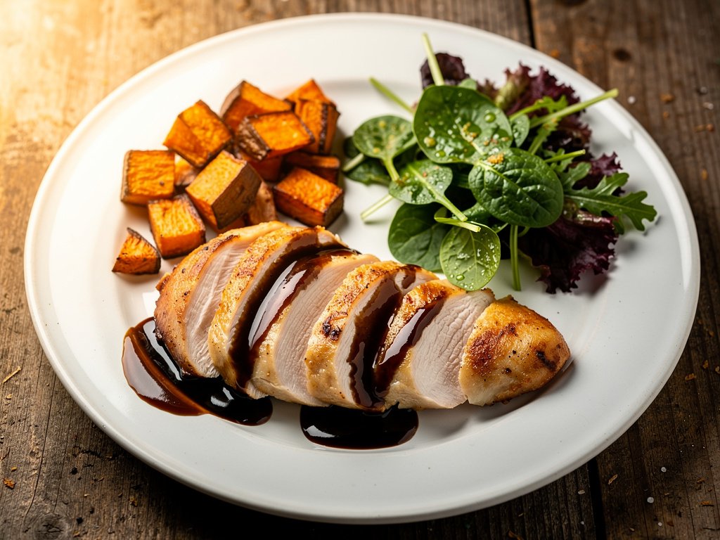 Balsamic Fig Chicken with Roasted Sweet Potatoes and Mixed Greens