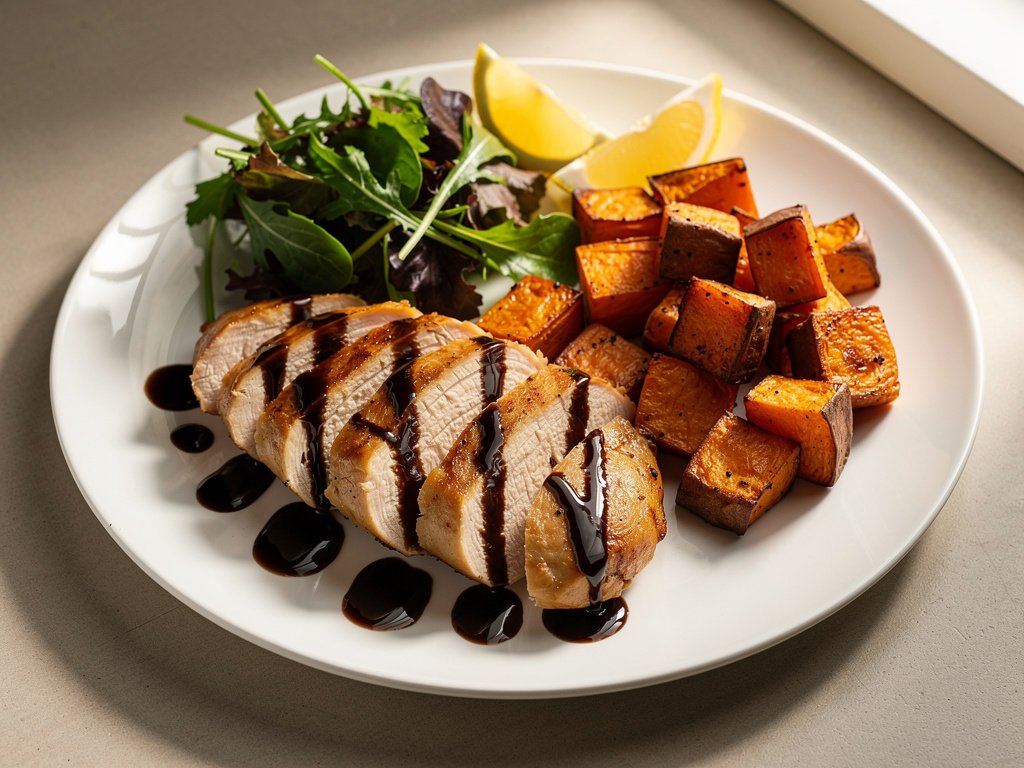 Balsamic Fig Chicken with Roasted Sweet Potatoes and Mixed Greens