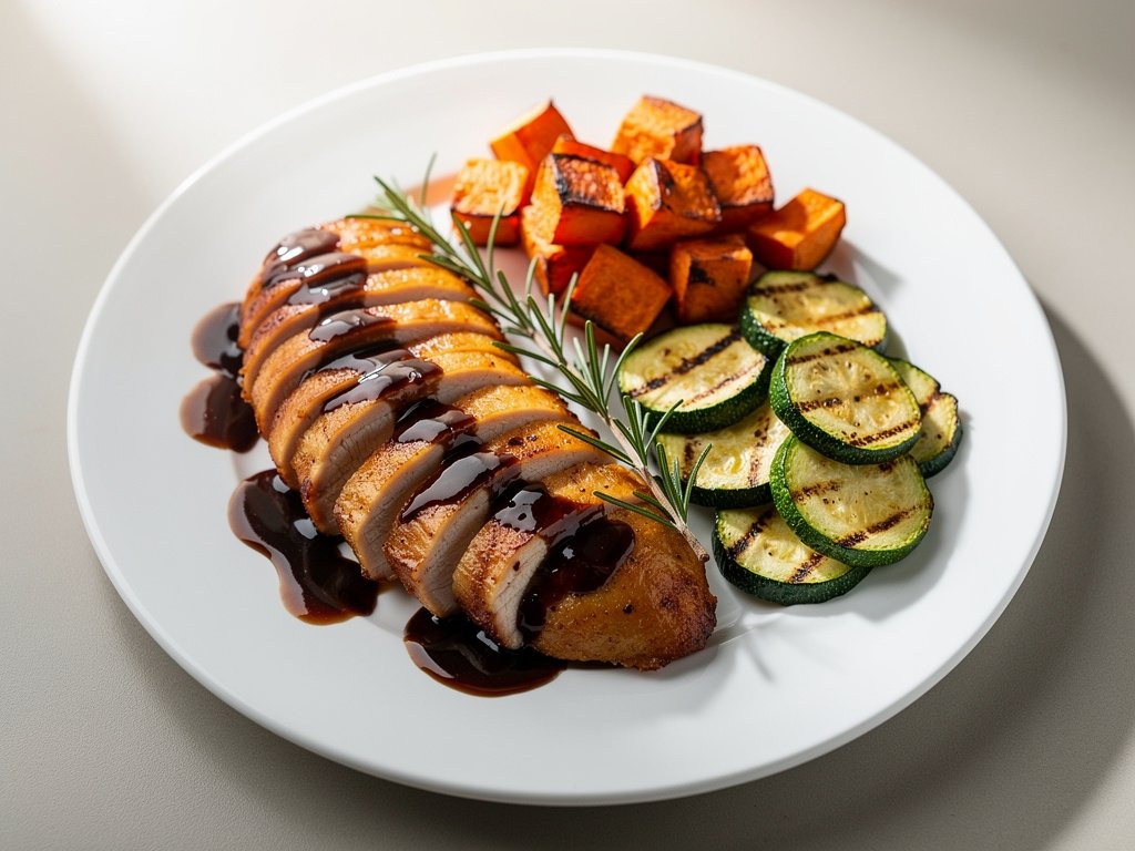 Balsamic Fig Chicken with Roasted Sweet Potatoes and Zucchini