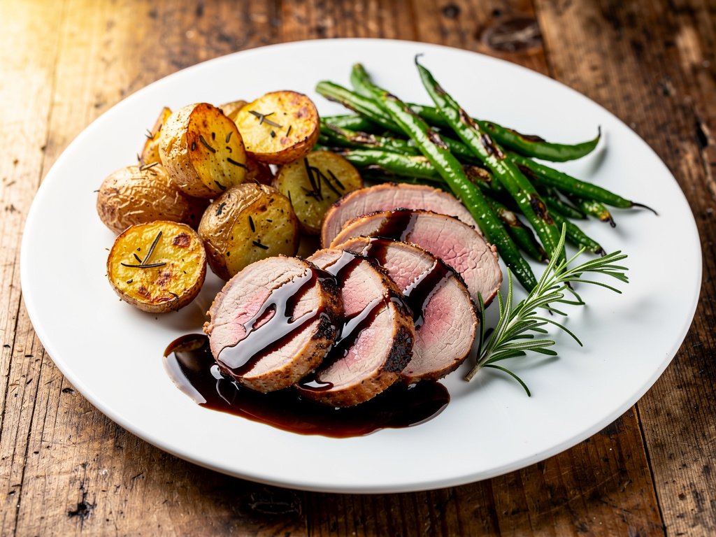 Balsamic Fig Glazed Pork Tenderloin with Rosemary Potatoes and Green Beans