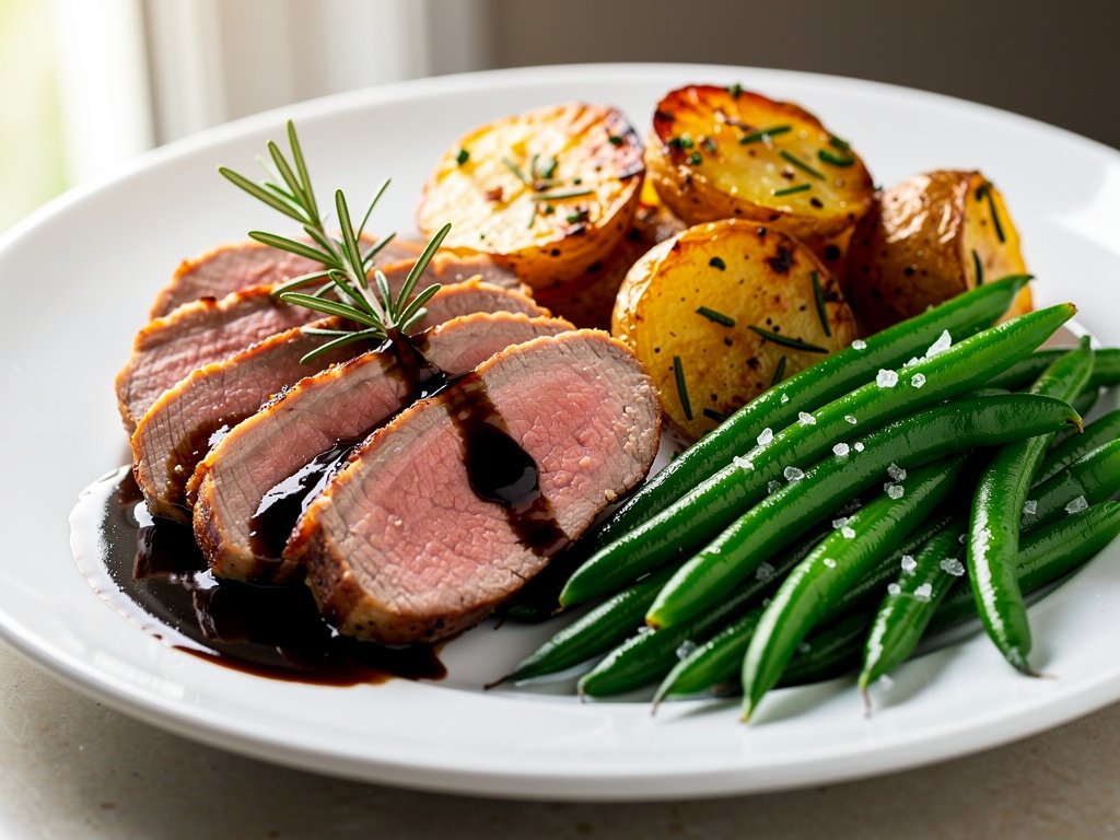 Balsamic Fig Glazed Pork Tenderloin with Rosemary Potatoes and Green Beans