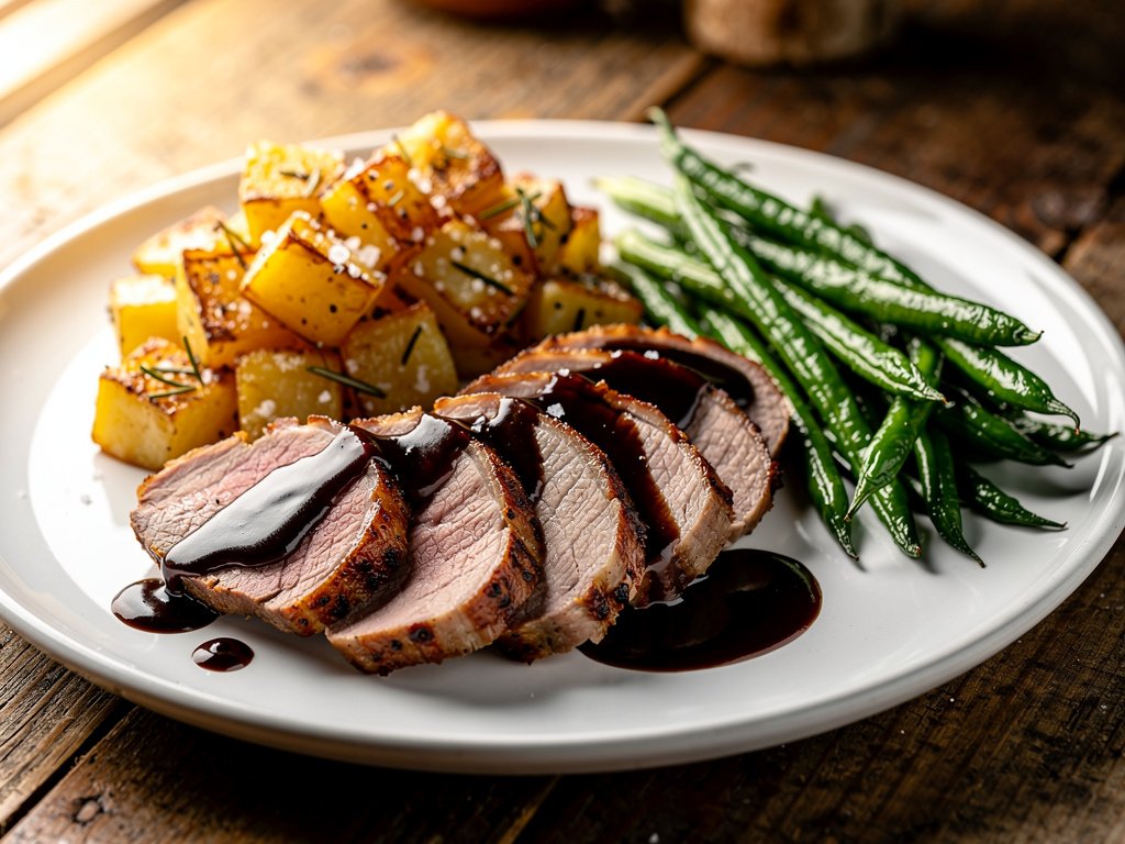 Balsamic Fig Glazed Pork Tenderloin with Roasted Green Beans and Rosemary Potatoes