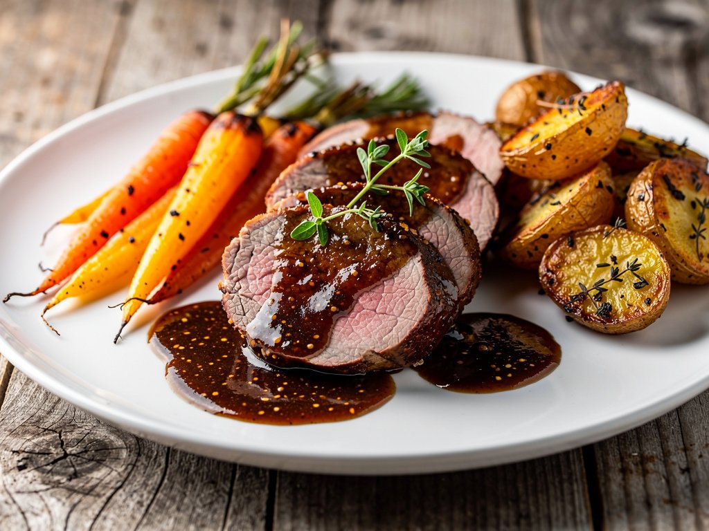 Balsamic Fig Glazed Pork Tenderloin with Roasted Carrots and Thyme Potatoes