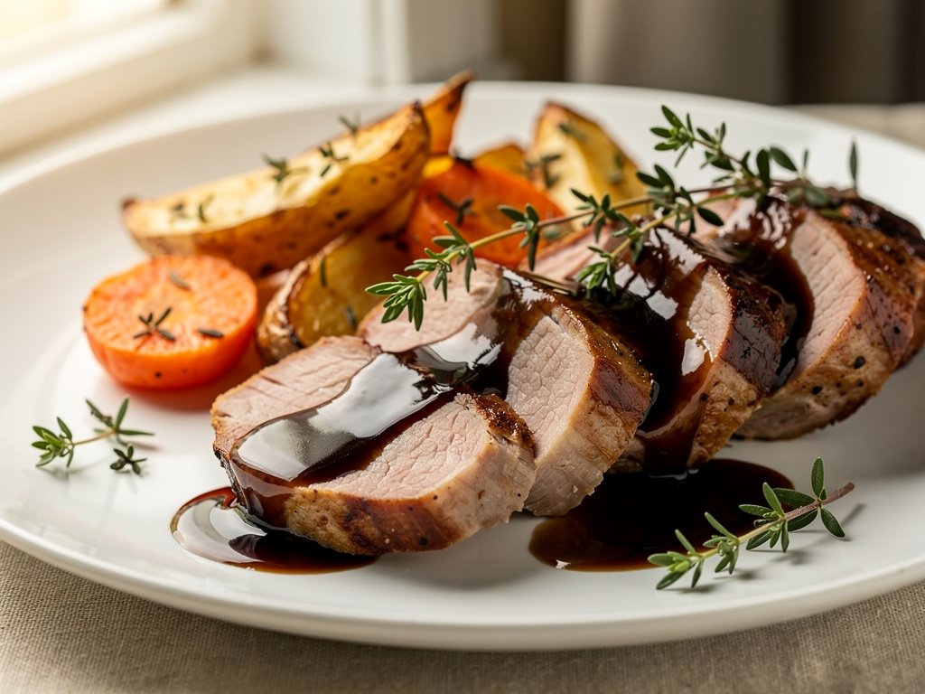 Balsamic Fig Glazed Pork Tenderloin with Roasted Carrots and Thyme Potatoes