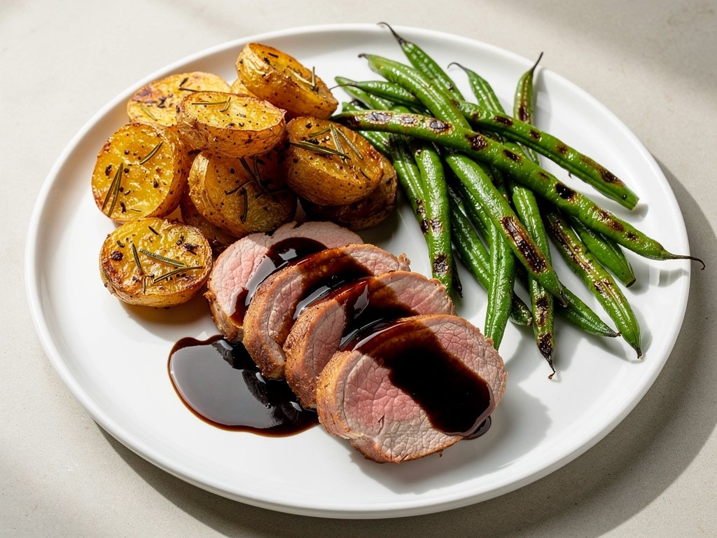 Balsamic Fig Pork Tenderloin with Roasted Green Beans and Rosemary Potatoes